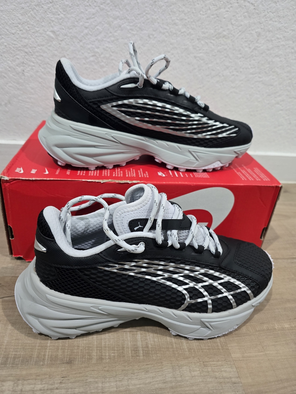 Puma Spirex Speed Kids Black and White Chunky-Soled Sneakers